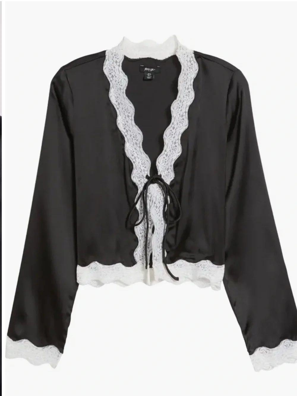 CUTE NWT Nasty Gal Black/White Satin Lace-Trim Tie Front Top. Lingerie look Sz M - Picture 2 of 5